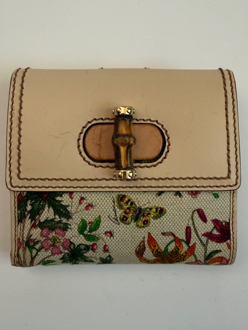 GUCCI Vintage Floral & Leather French Wallet with Bamboo Toggle